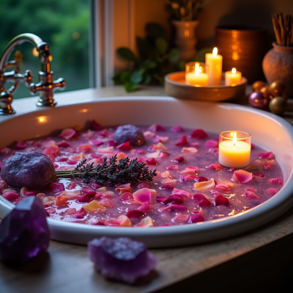 Bagno dolce con ametista e fiori per dissolvere il senso di colpa e ritrovare leggerezza