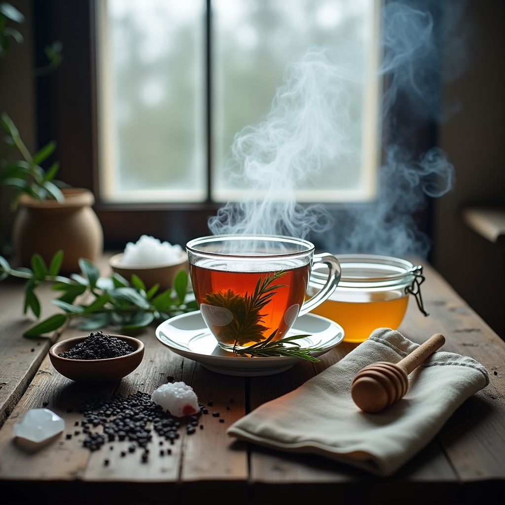 Luna d’inverno: tisana rosmarino–alloro, sacchetto di protezione e acqua lunare al quarzo