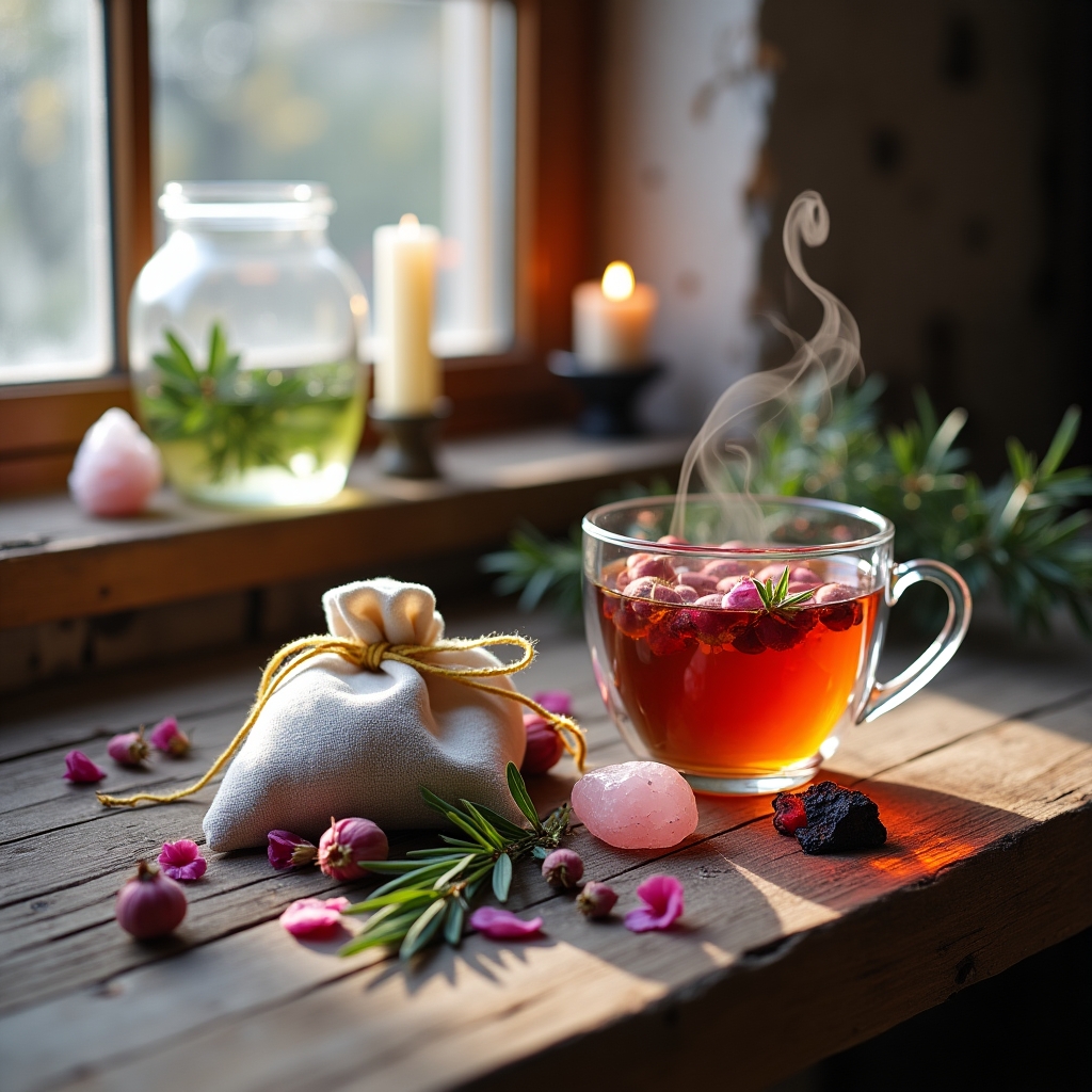 Rituali sereni d’inverno: tisane, sacchetti e acque lunari con erbe e cristalli