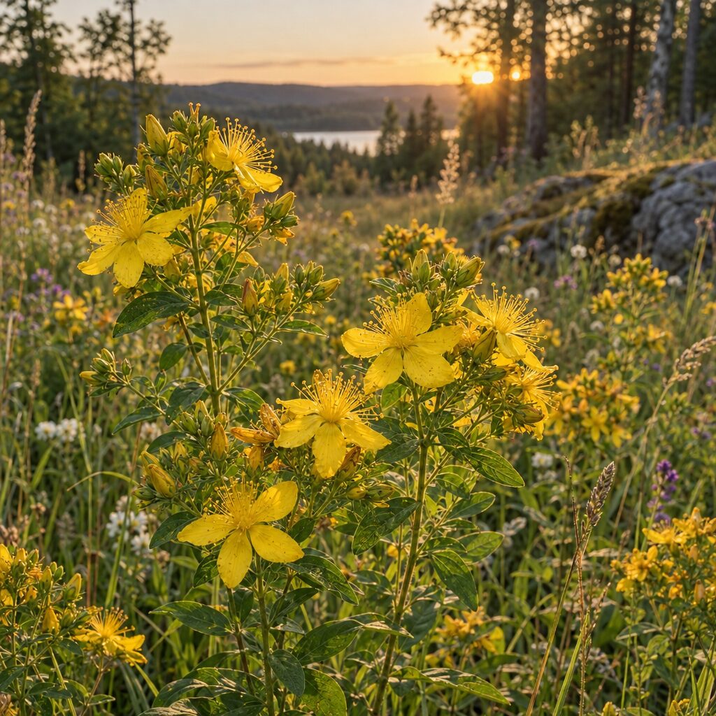 Iperico in fiore (Hypericum perforatum) in un prato al tramonto