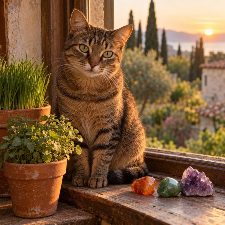 Un gatto tigrato sul davanzale al tramonto, tra erba gatta e tre cristalli: corniola, giada e ametista